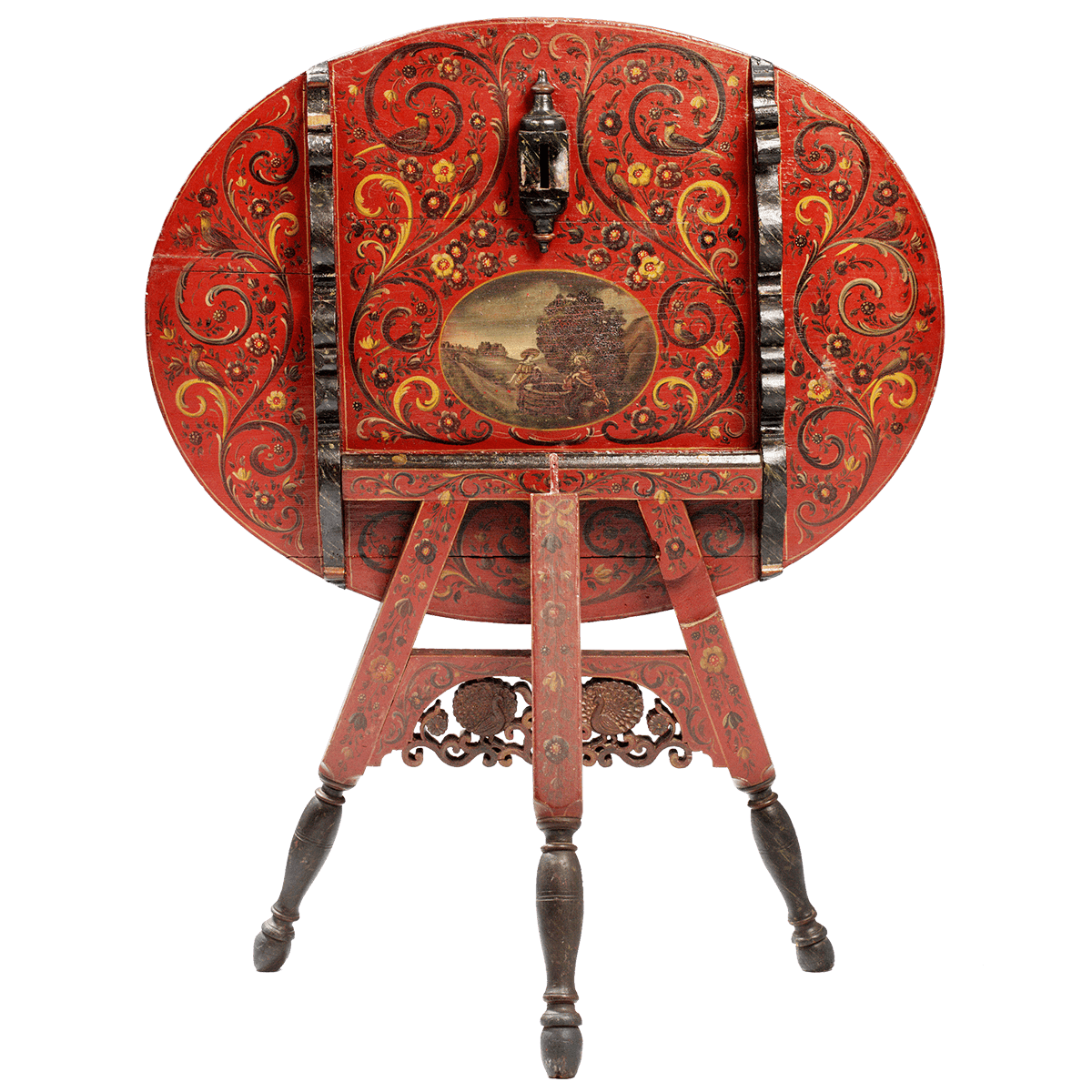 een handgeschilderd, traditioneel houten klaptafel met bloemmotieven en een centraal schilderijtje