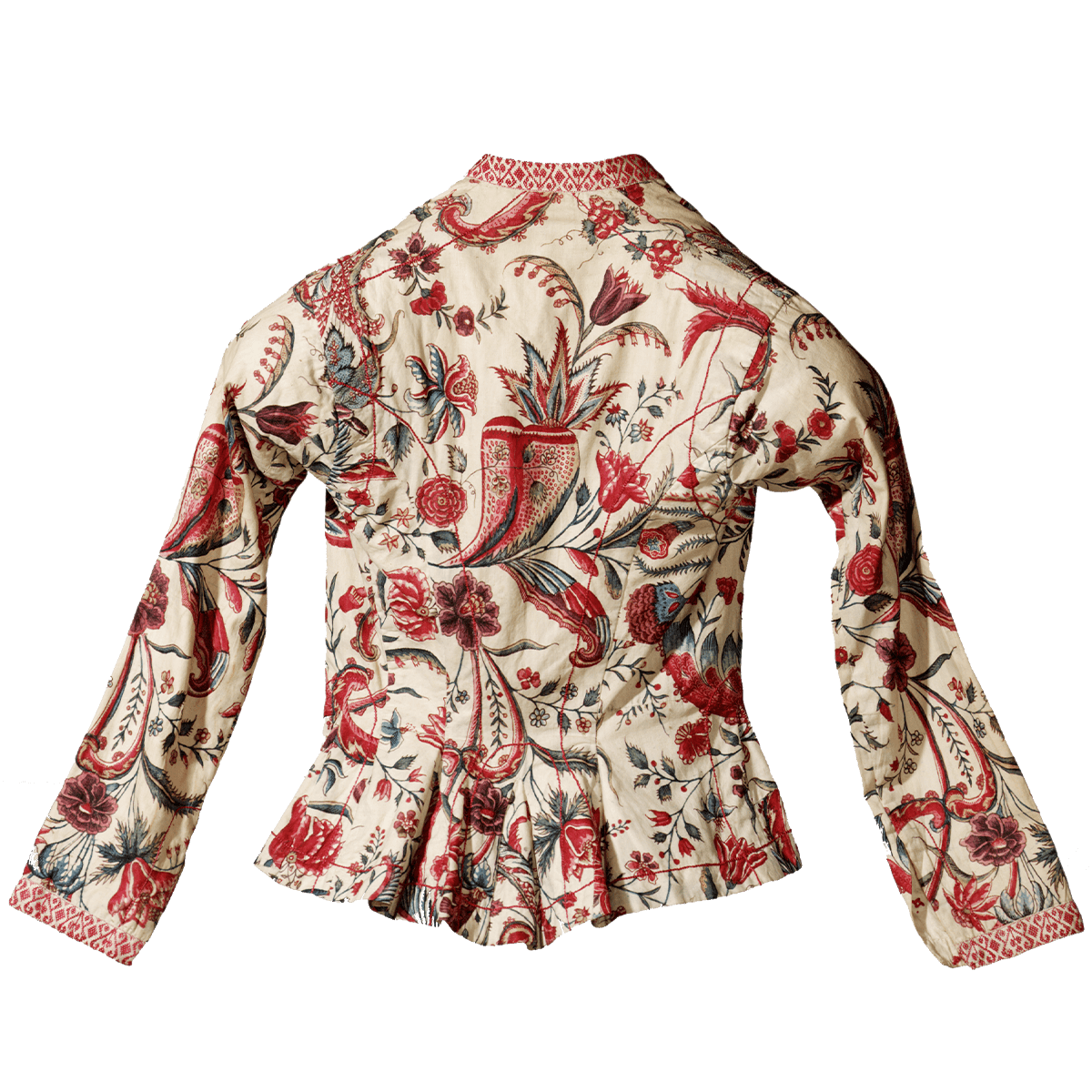 Jas gemaakt van sits, kleurrijk beschilderd met rode bloemen.